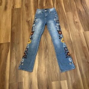 Ashley Mason Blue Flare Jeans with Floral Embroidery